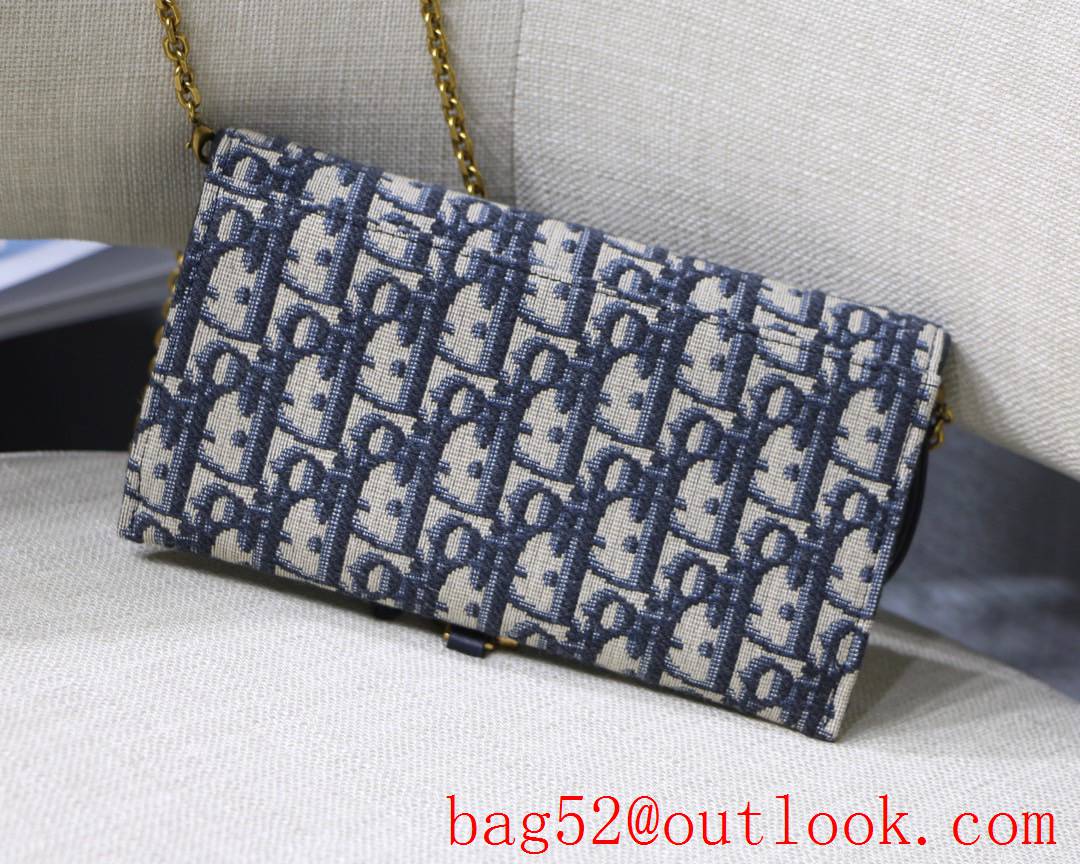 Dior Oblique jacquard canvas long flap wallet Embellished blue calfskin Vintage Gold Metal Accessories chain bag