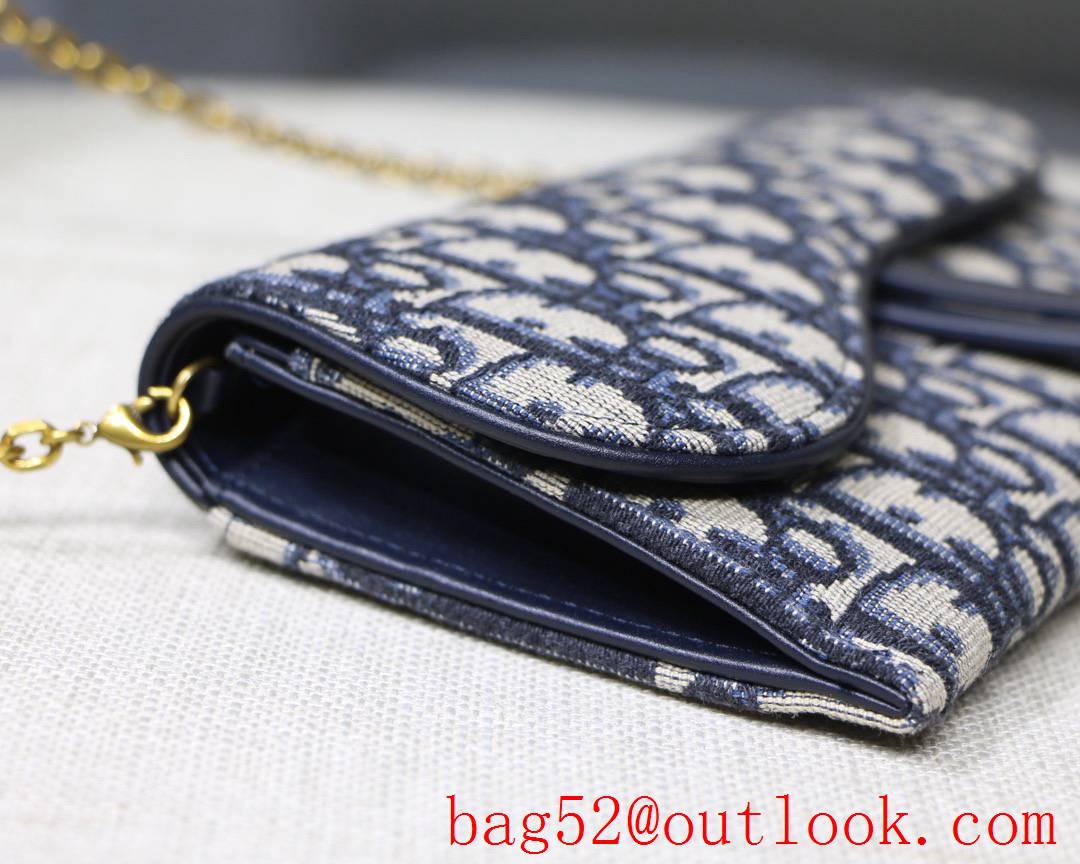 Dior Oblique jacquard canvas long flap wallet Embellished blue calfskin Vintage Gold Metal Accessories chain bag