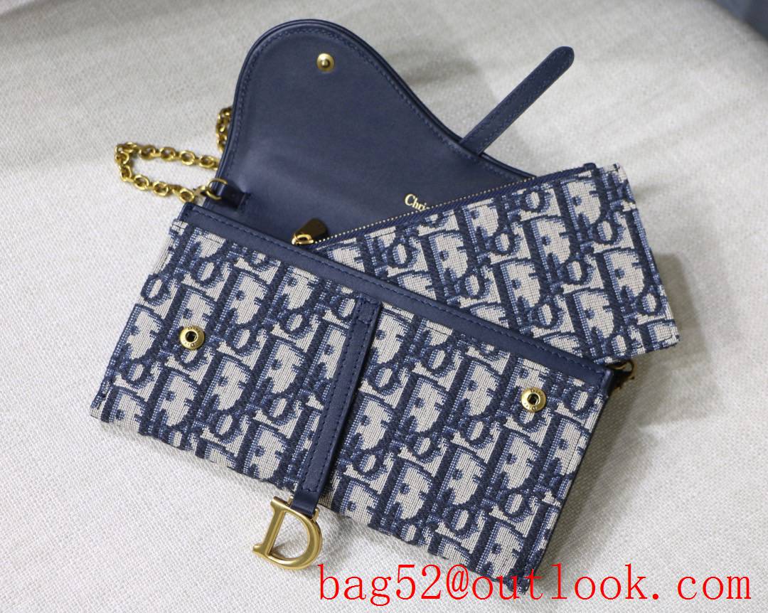 Dior Oblique jacquard canvas long flap wallet Embellished blue calfskin Vintage Gold Metal Accessories chain bag