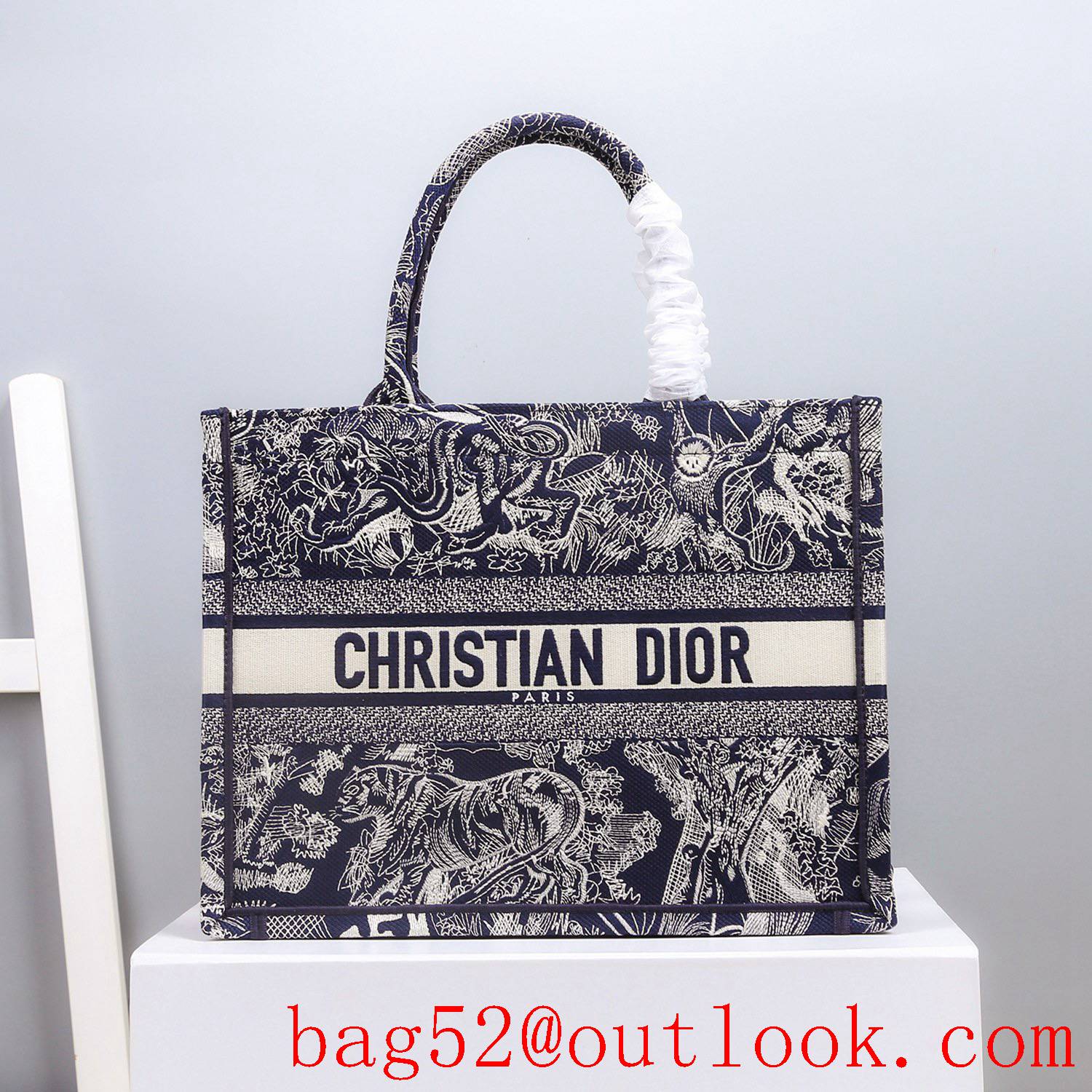 Dior Bayadere pattern mixed effect D-Stripes pattern embroidery book tote small blue tiger bag