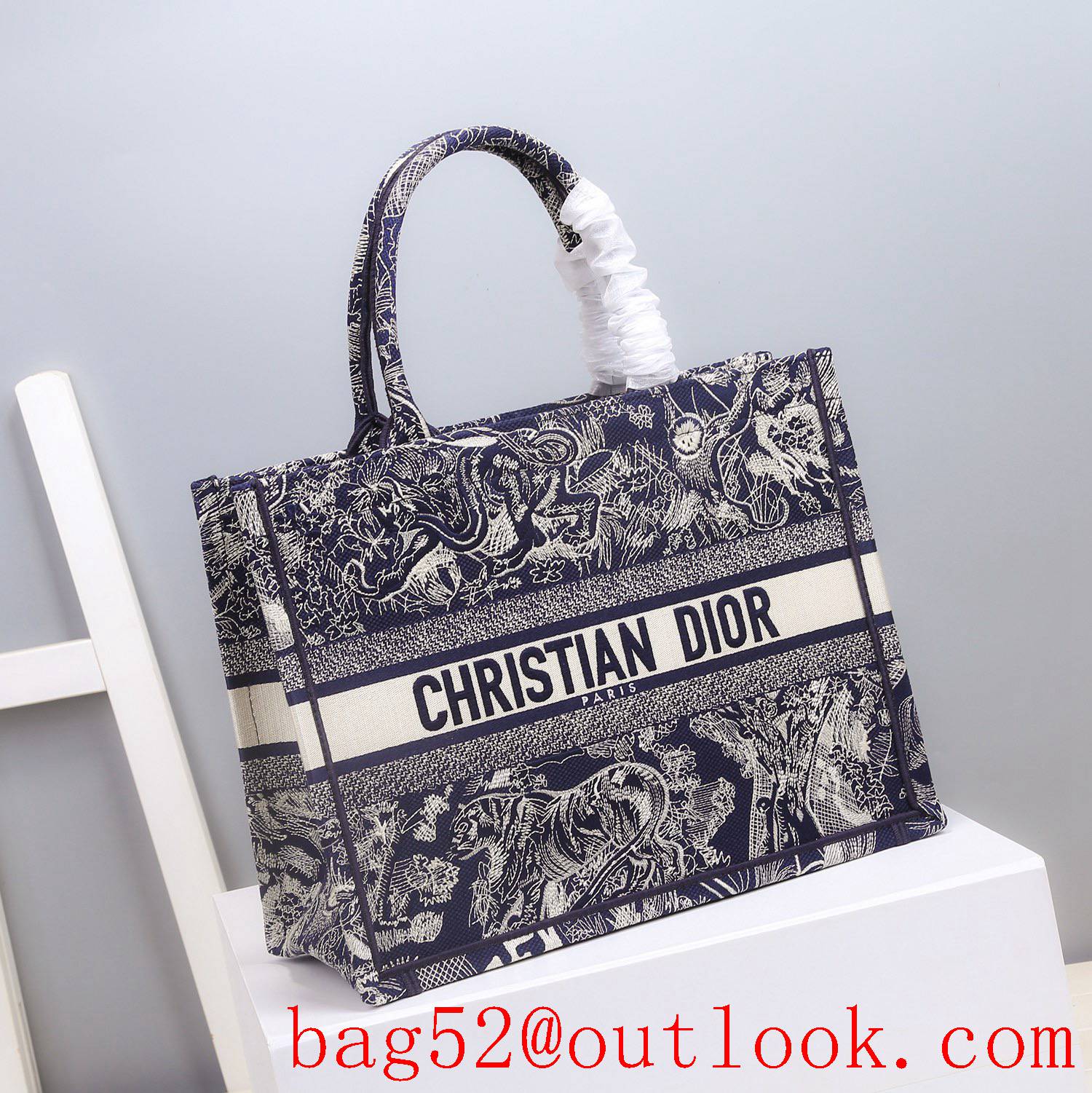 Dior Bayadere pattern mixed effect D-Stripes pattern embroidery book tote small blue tiger bag