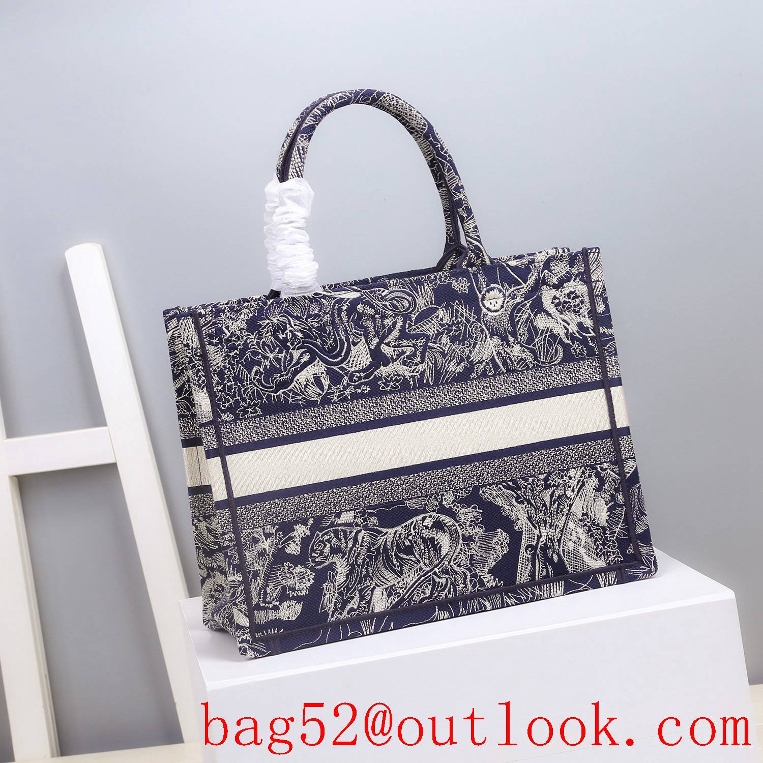 Dior Bayadere pattern mixed effect D-Stripes pattern embroidery book tote small blue tiger bag