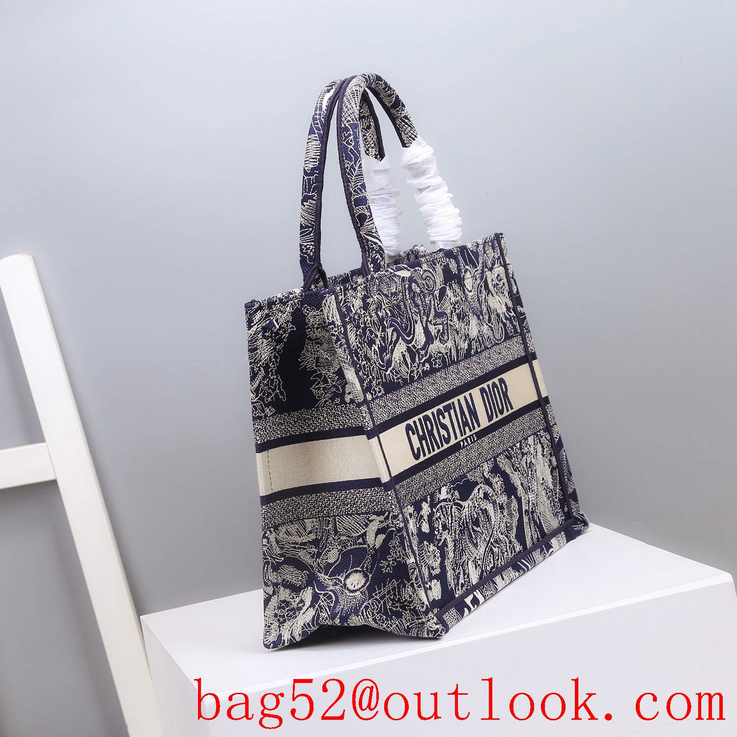 Dior Bayadere pattern mixed effect D-Stripes pattern embroidery book tote small blue tiger bag