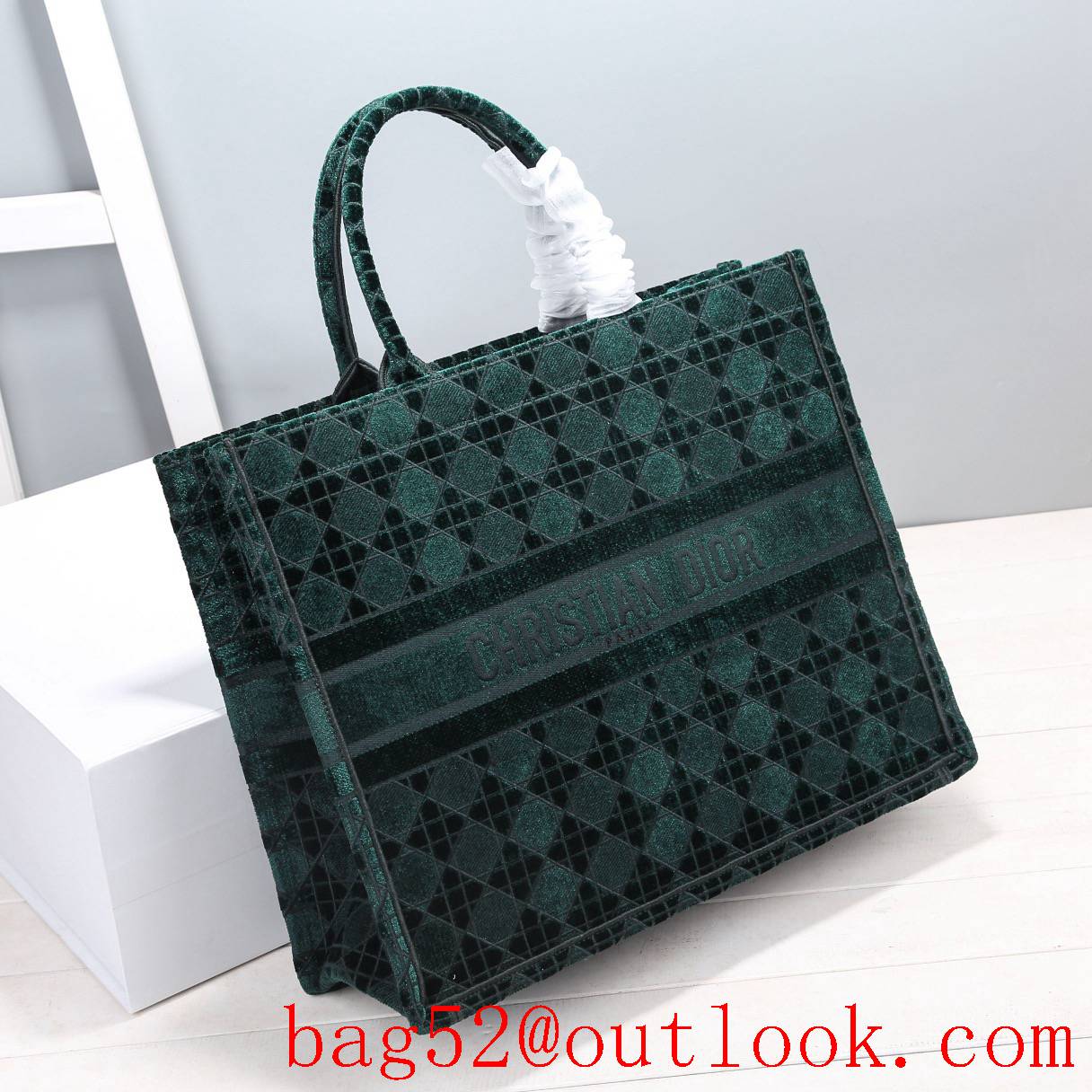 Dior velvet tote shopping handbag green large bag