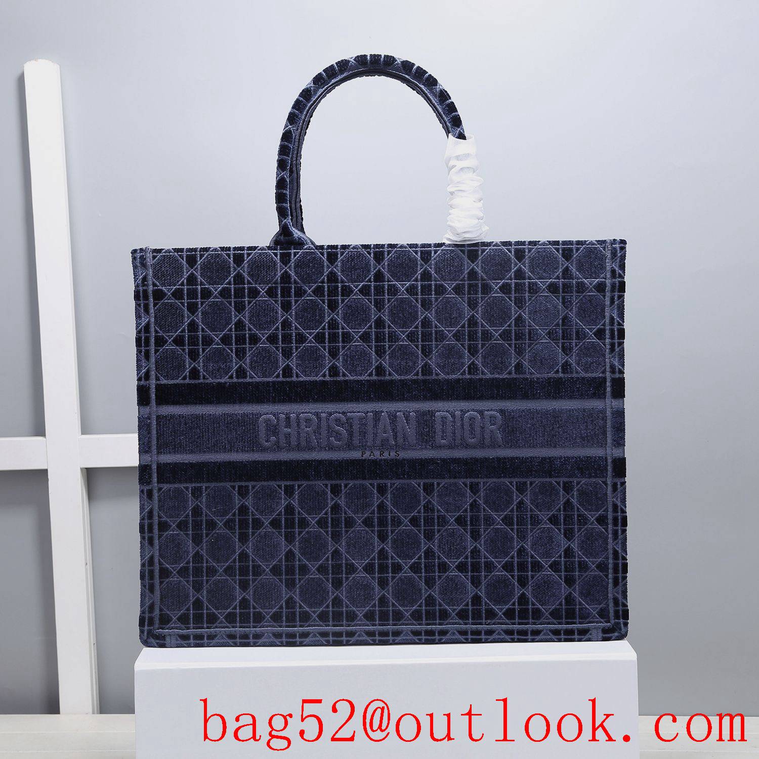 Dior velvet tote shopping navy blue handbag large bag