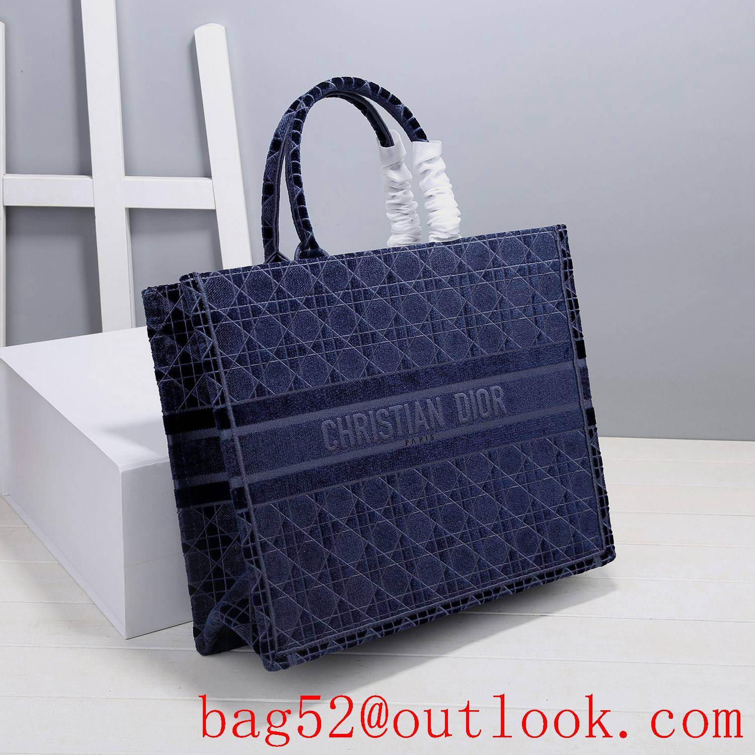 Dior velvet tote shopping navy blue handbag large bag