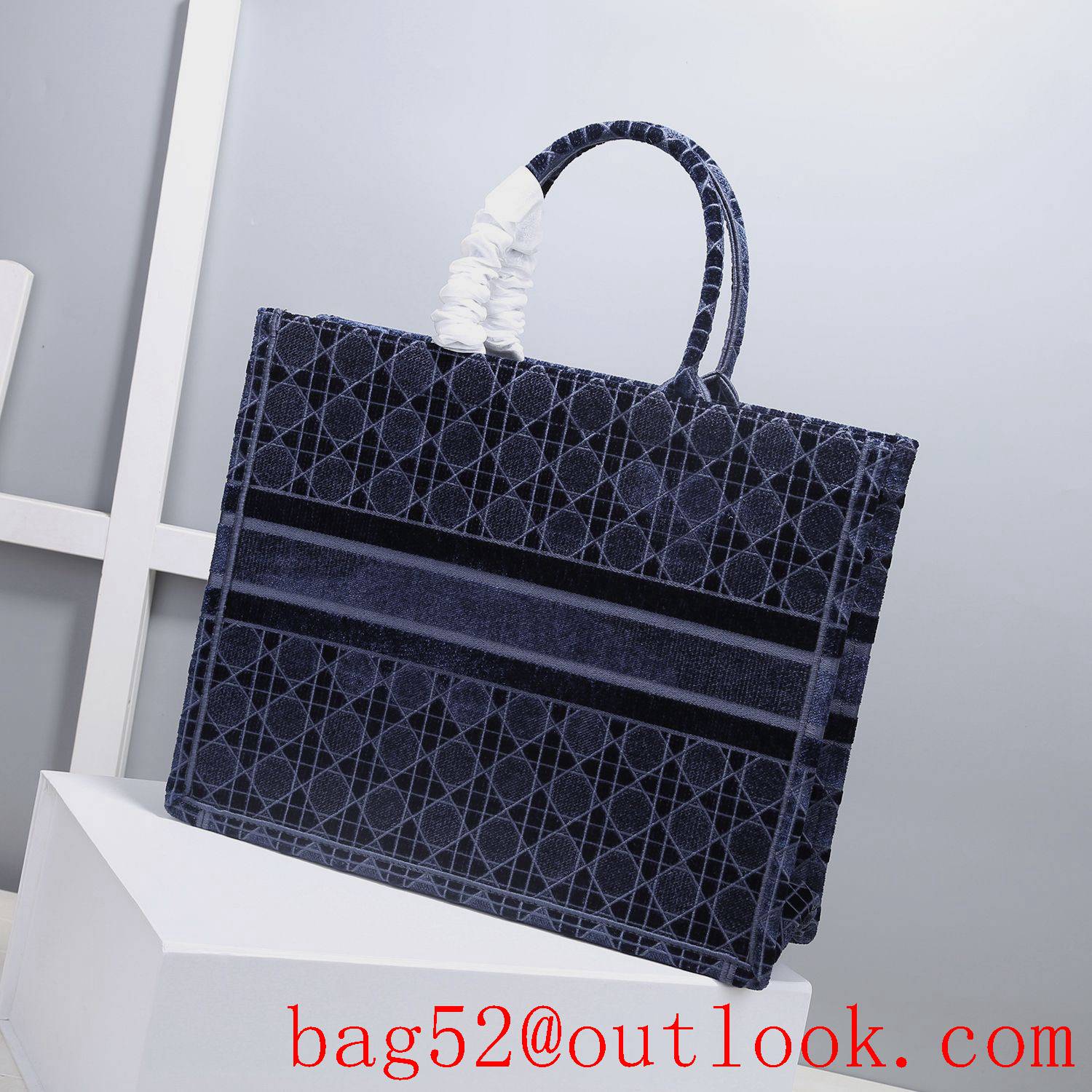 Dior velvet tote shopping navy blue handbag large bag