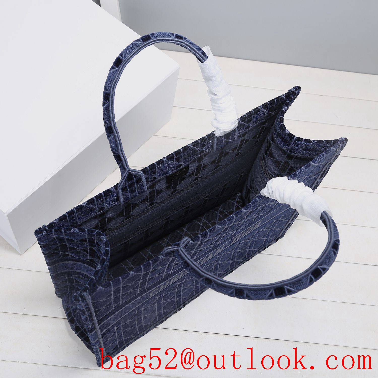 Dior velvet tote shopping navy blue handbag large bag