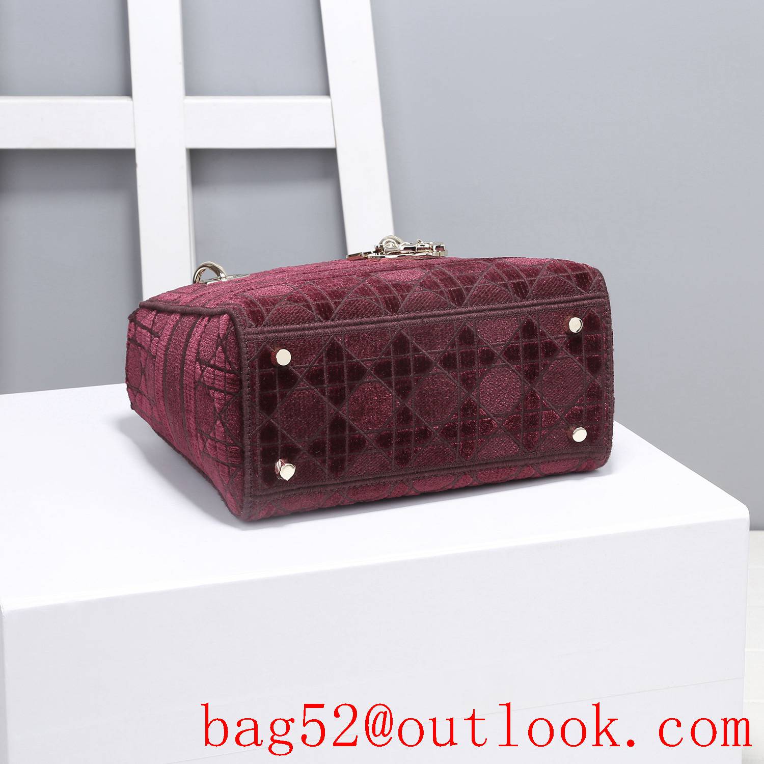 Dior Five panels of burgundy velvet embroidered cannage pattern throughout winered tote bag