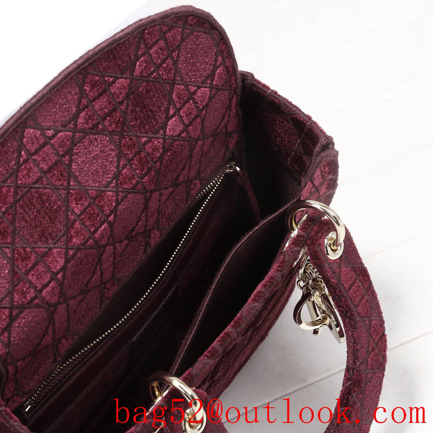 Dior Five panels of burgundy velvet embroidered cannage pattern throughout winered tote bag