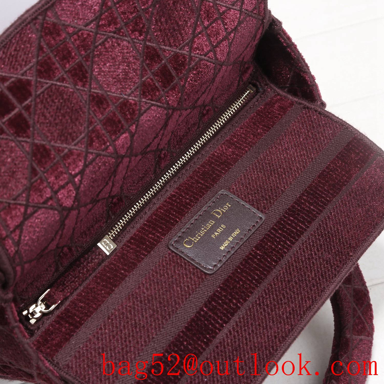 Dior Five panels of burgundy velvet embroidered cannage pattern throughout winered tote bag