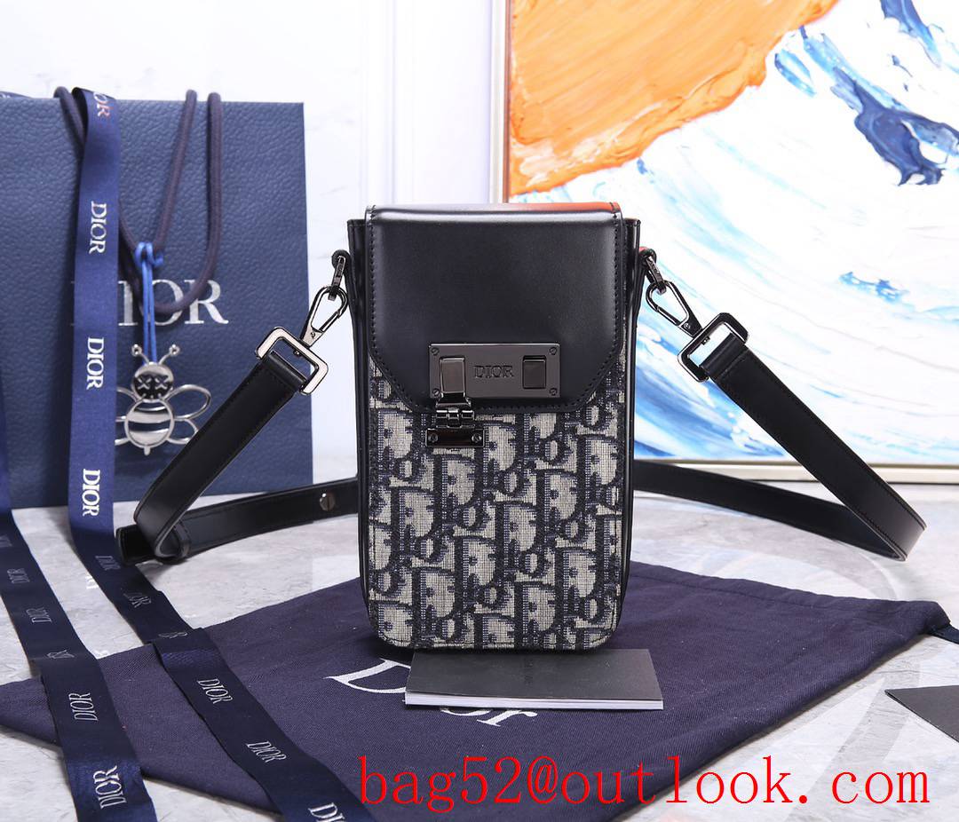 Dior vertical blue jacquard Front flap Black smooth calfskin adjustable shoulder strap bag