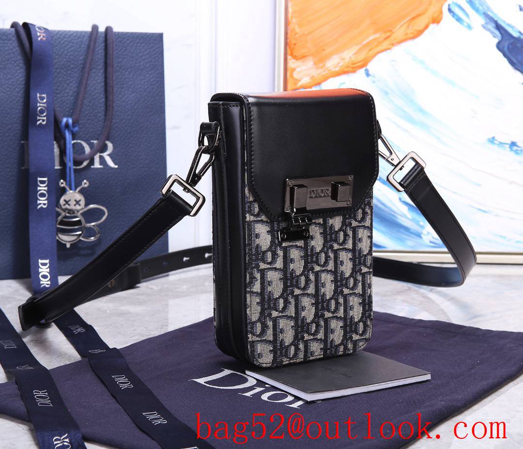 Dior vertical blue jacquard Front flap Black smooth calfskin adjustable shoulder strap bag