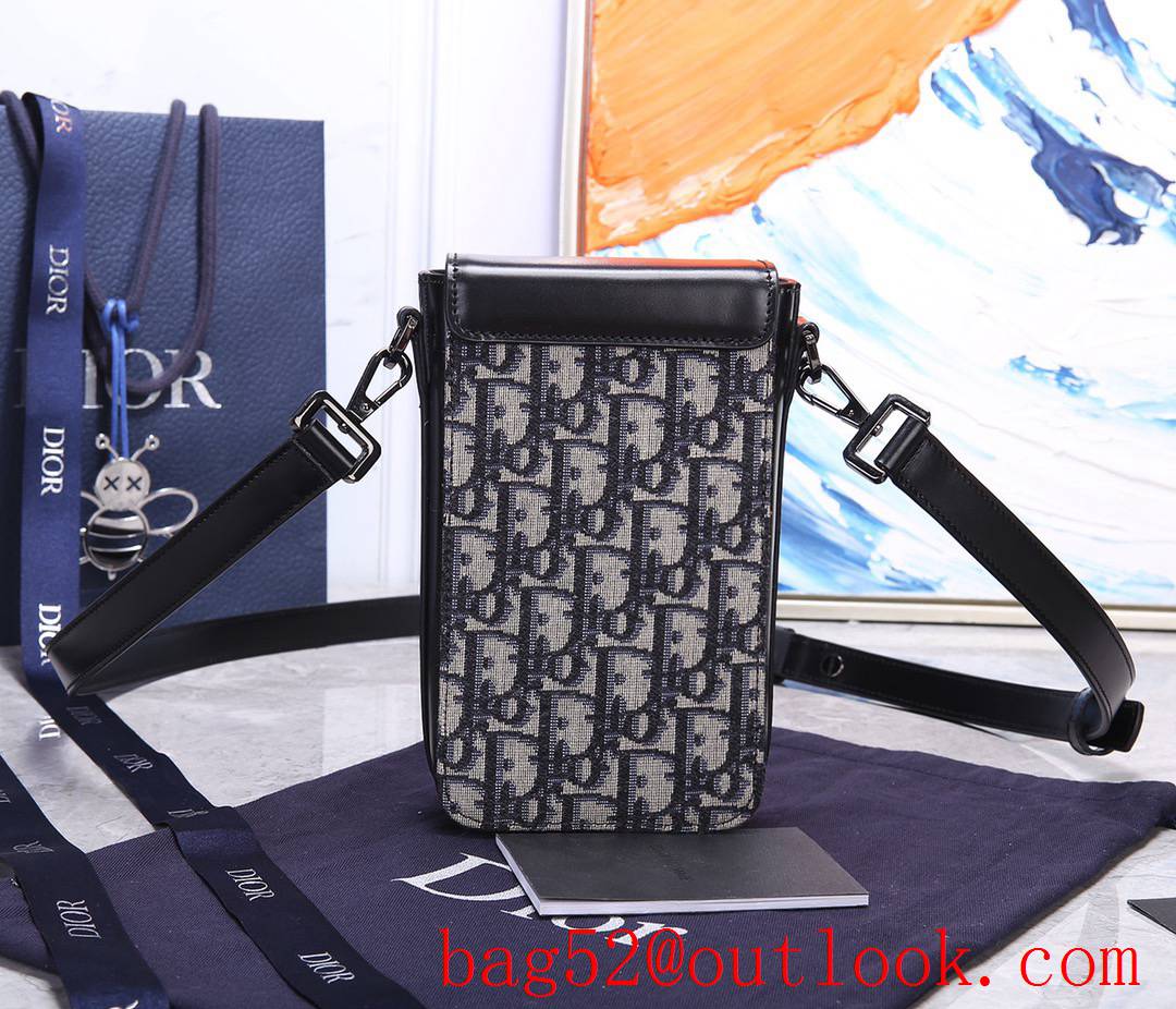 Dior vertical blue jacquard Front flap Black smooth calfskin adjustable shoulder strap bag