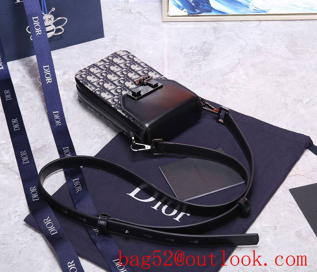 Dior vertical blue jacquard Front flap Black smooth calfskin adjustable shoulder strap bag