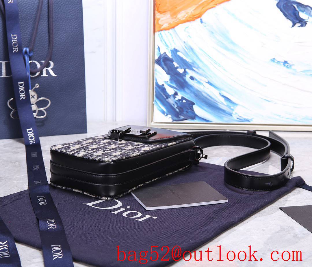 Dior vertical blue jacquard Front flap Black smooth calfskin adjustable shoulder strap bag