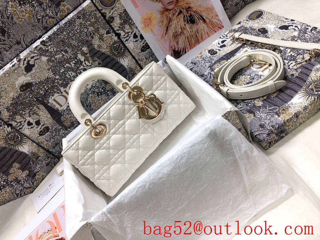 Dior Lady D-Joy New Rectangular Cannage Pattern Metal Charm with Light Gold Finish Detachable Leather Shoulder Strap white Bag