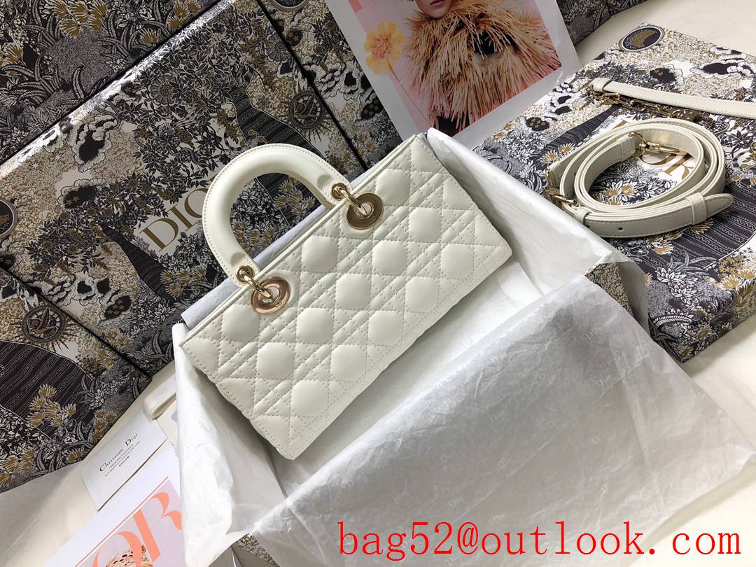 Dior Lady D-Joy New Rectangular Cannage Pattern Metal Charm with Light Gold Finish Detachable Leather Shoulder Strap white Bag