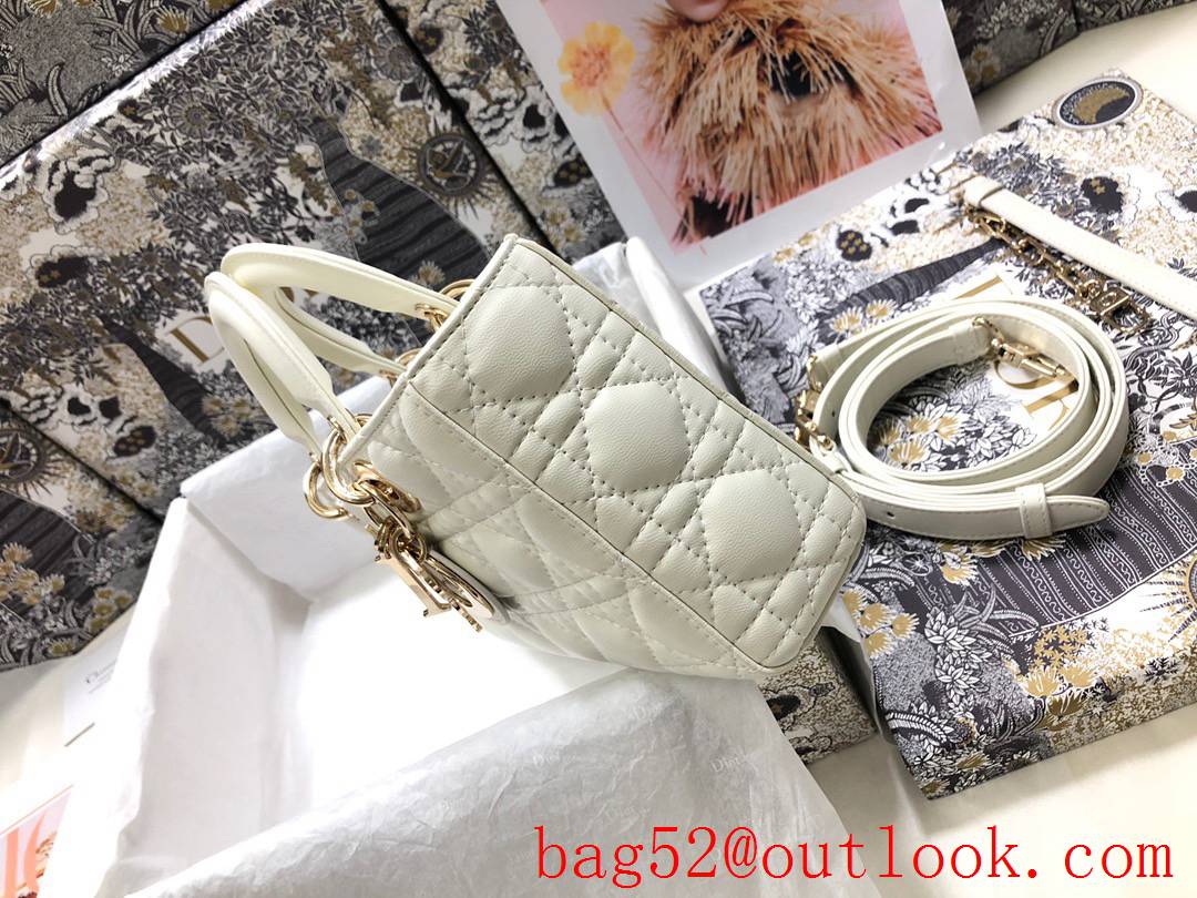 Dior Lady D-Joy New Rectangular Cannage Pattern Metal Charm with Light Gold Finish Detachable Leather Shoulder Strap white Bag