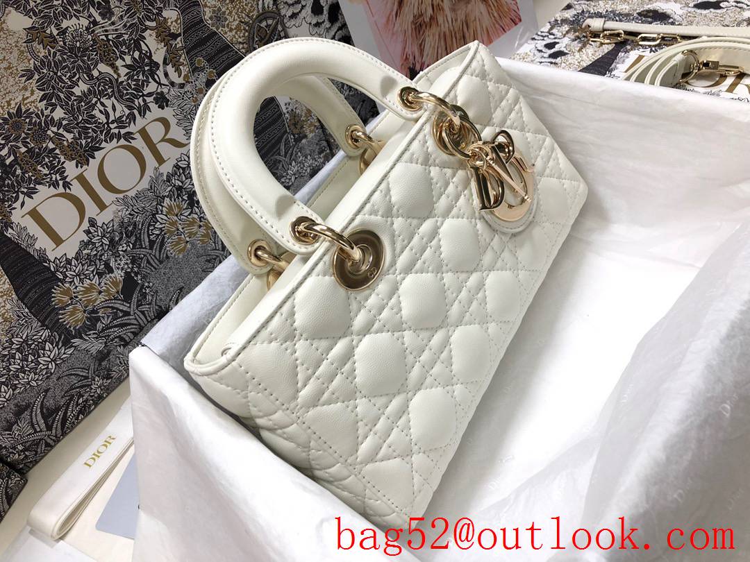 Dior Lady D-Joy New Rectangular Cannage Pattern Metal Charm with Light Gold Finish Detachable Leather Shoulder Strap white Bag