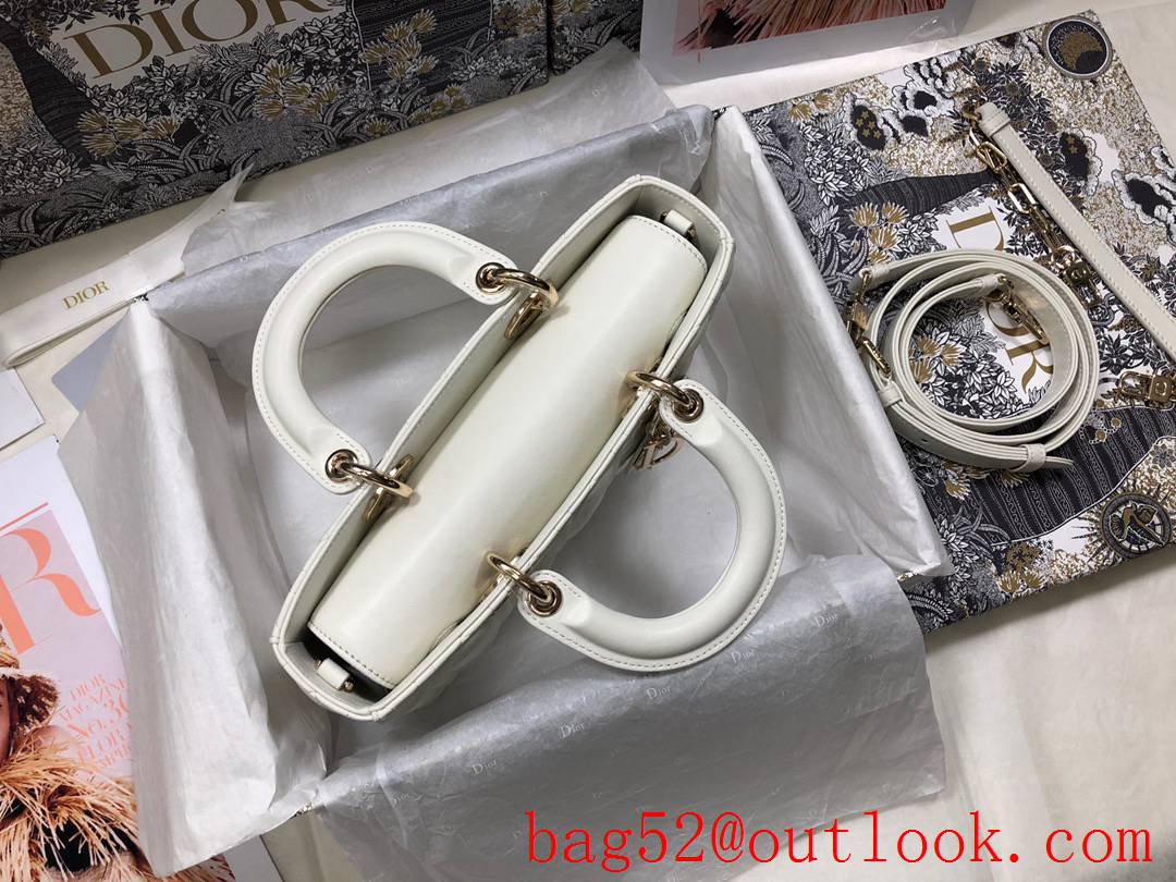 Dior Lady D-Joy New Rectangular Cannage Pattern Metal Charm with Light Gold Finish Detachable Leather Shoulder Strap white Bag