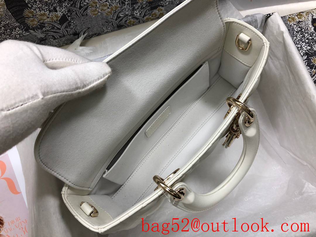 Dior Lady D-Joy New Rectangular Cannage Pattern Metal Charm with Light Gold Finish Detachable Leather Shoulder Strap white Bag