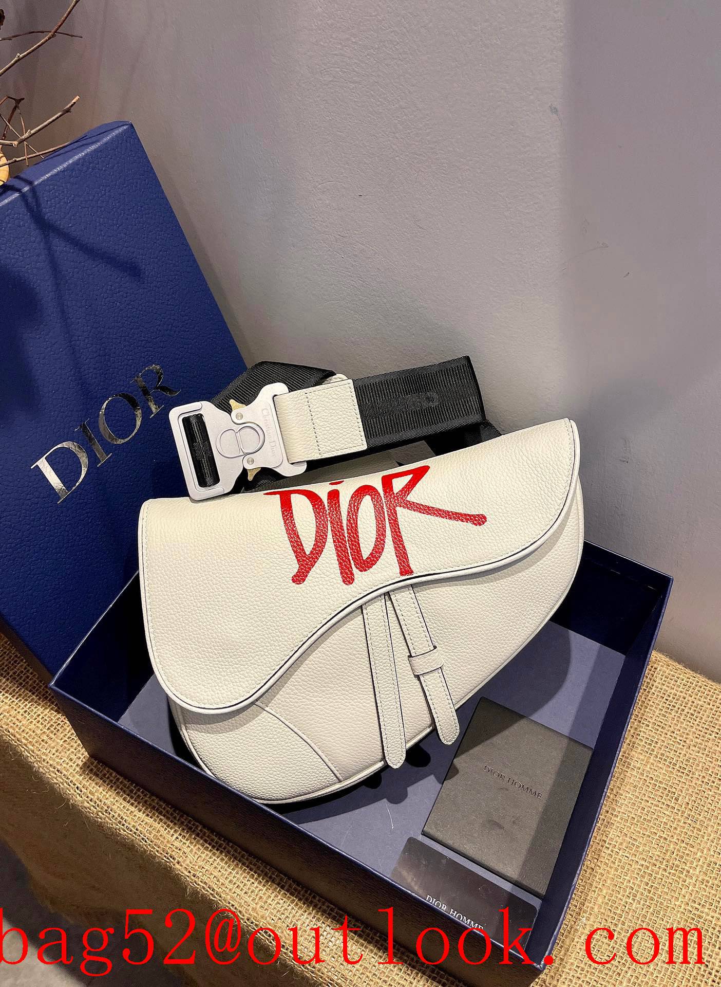 Dior white leather Red print logo saddle shoulder bag