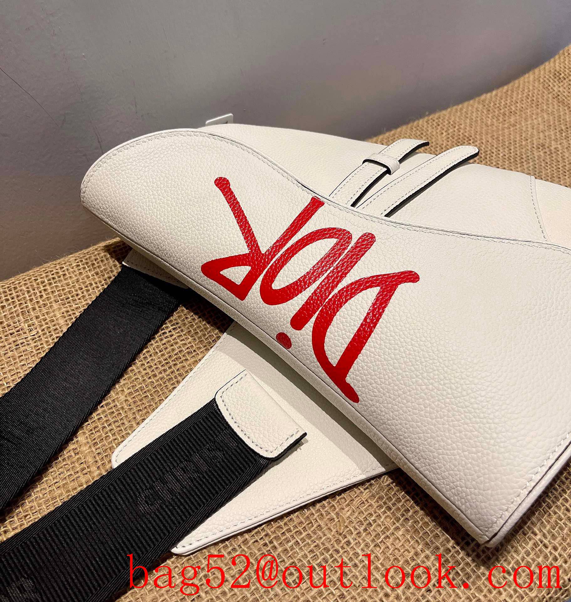 Dior white leather Red print logo saddle shoulder bag