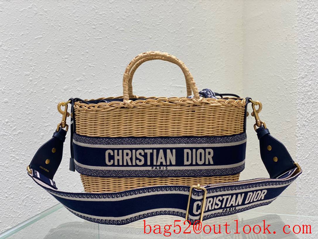 Dior Wicker Basket Handcrafted brown Blue Oblique Print Lining Bag