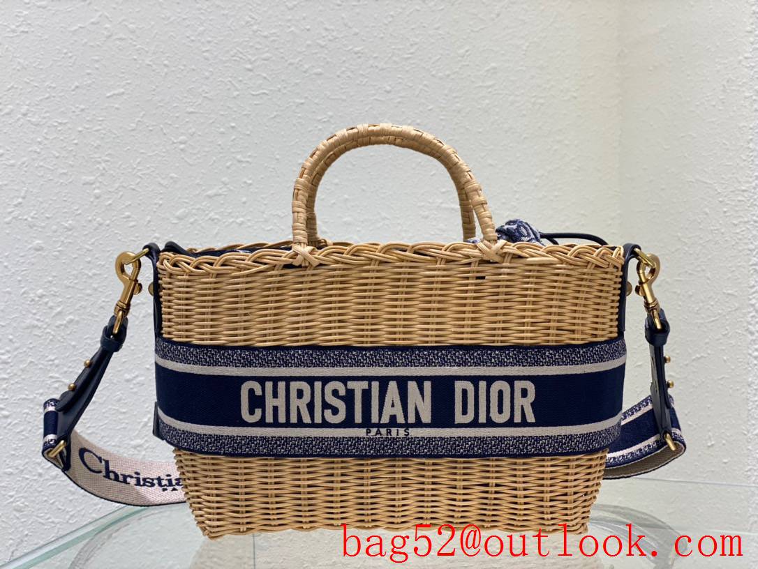 Dior Wicker Basket Handcrafted brown Blue Oblique Print Lining Bag