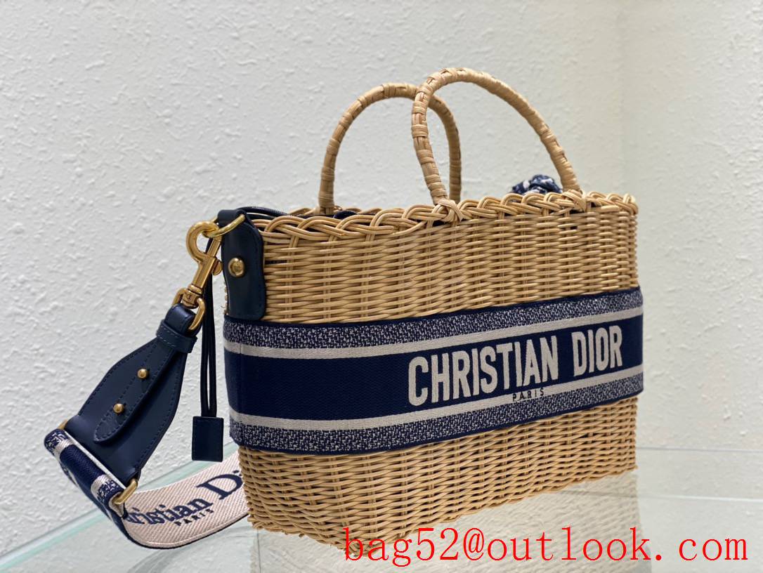 Dior Wicker Basket Handcrafted brown Blue Oblique Print Lining Bag