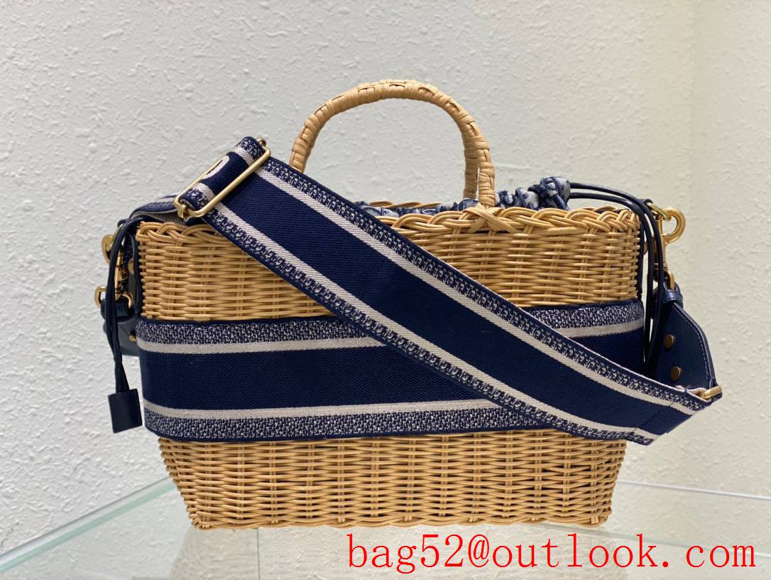 Dior Wicker Basket Handcrafted brown Blue Oblique Print Lining Bag