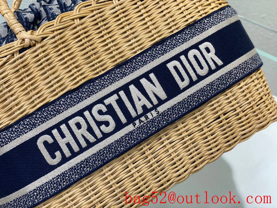 Dior Wicker Basket Handcrafted brown Blue Oblique Print Lining Bag