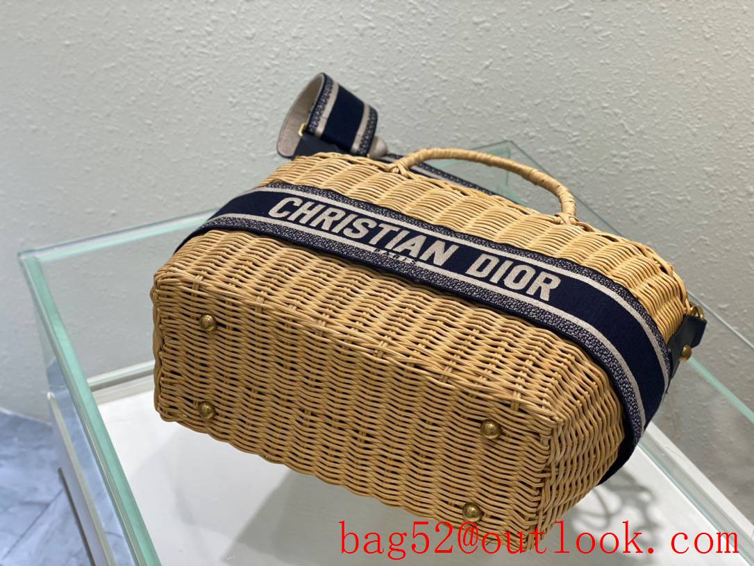 Dior Wicker Basket Handcrafted brown Blue Oblique Print Lining Bag