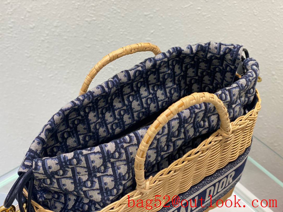 Dior Wicker Basket Handcrafted brown Blue Oblique Print Lining Bag