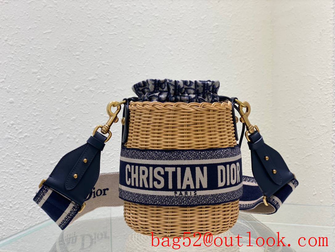 Dior Wicker Basket Handcrafted brown Blue Oblique Print Lining drawstring small Bag