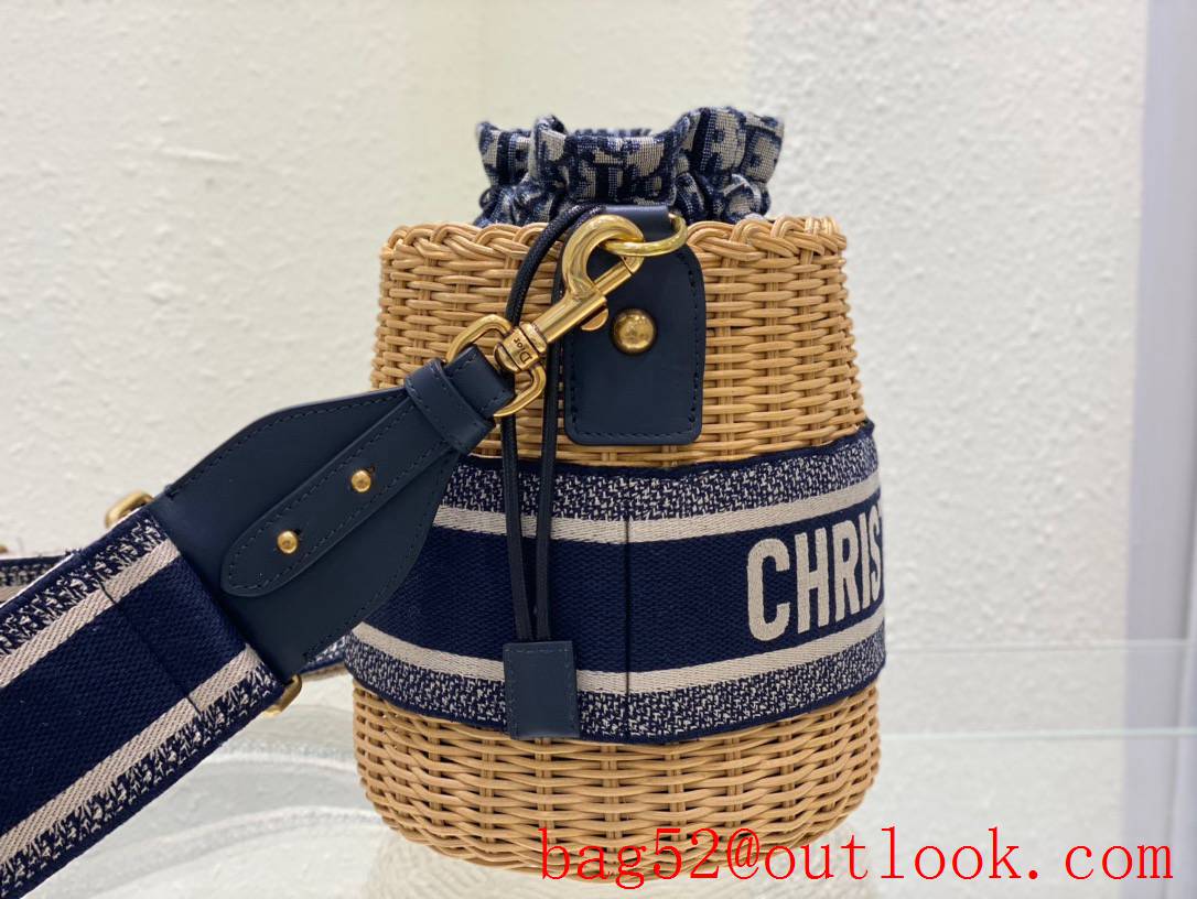 Dior Wicker Basket Handcrafted brown Blue Oblique Print Lining drawstring small Bag