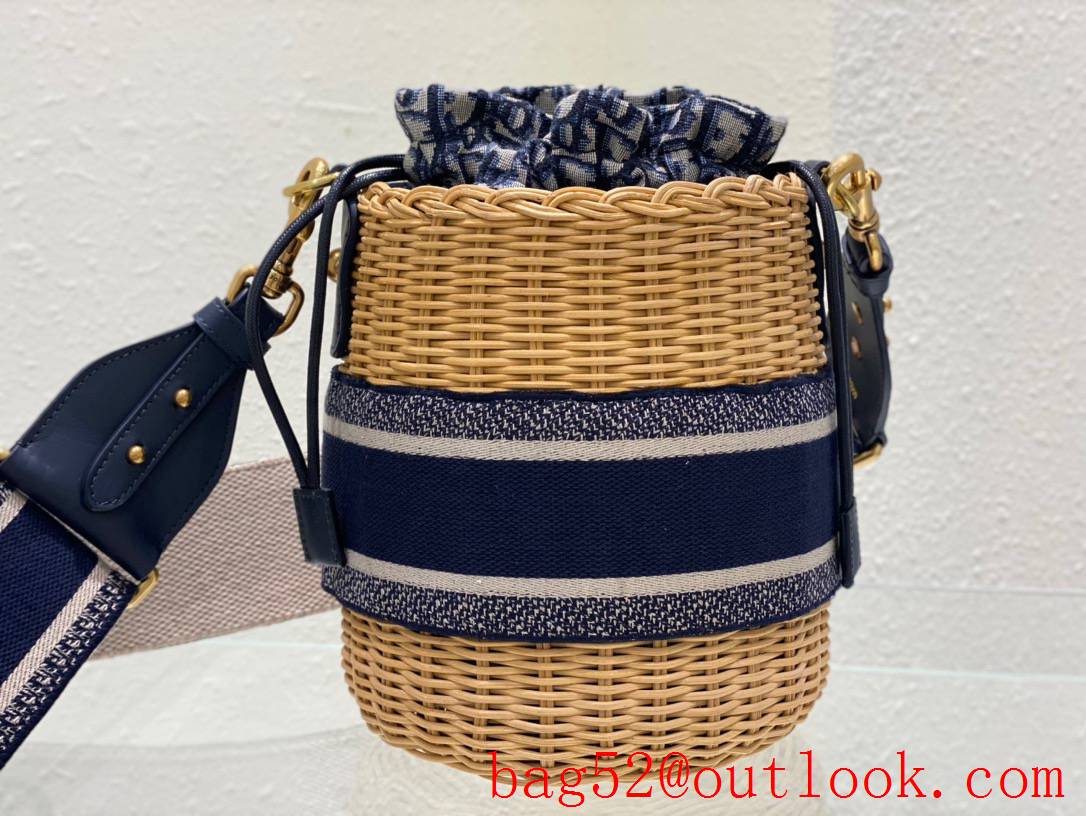 Dior Wicker Basket Handcrafted brown Blue Oblique Print Lining drawstring small Bag