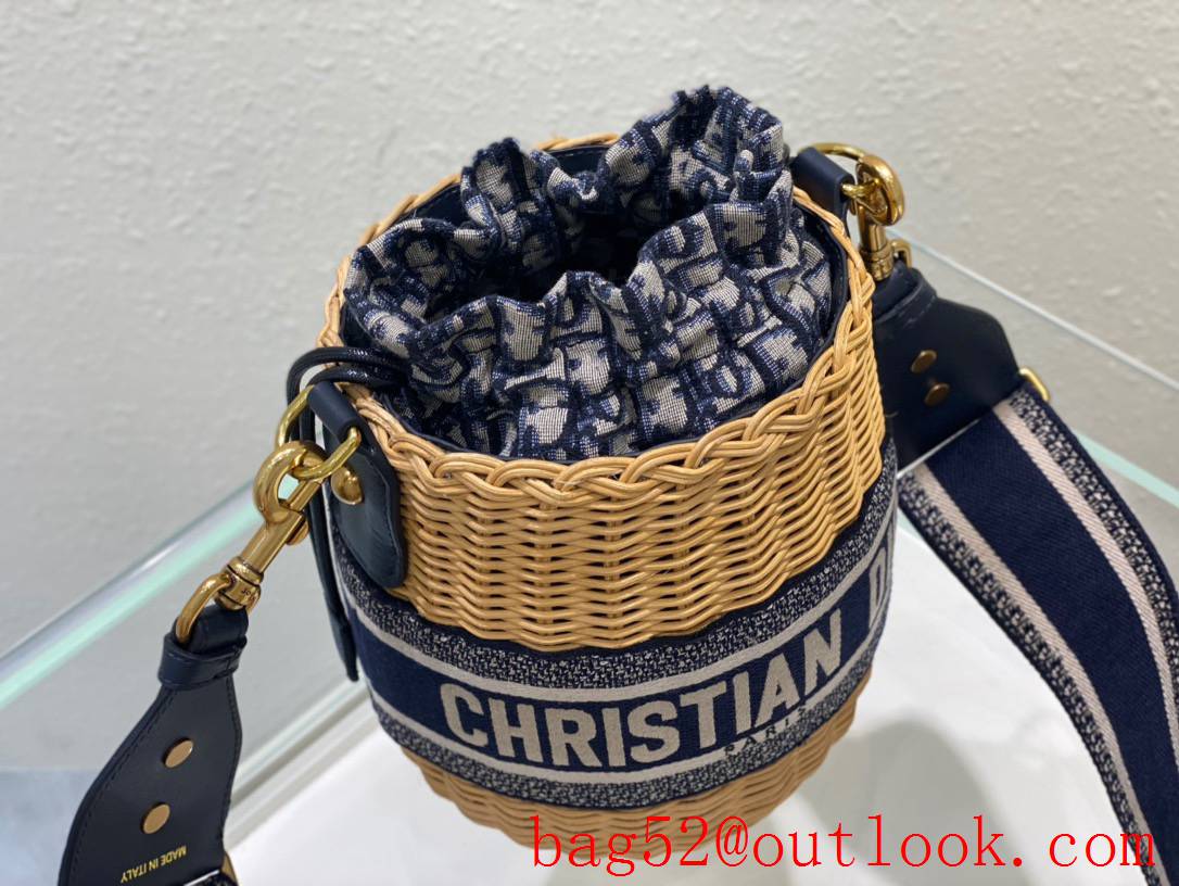 Dior Wicker Basket Handcrafted brown Blue Oblique Print Lining drawstring small Bag