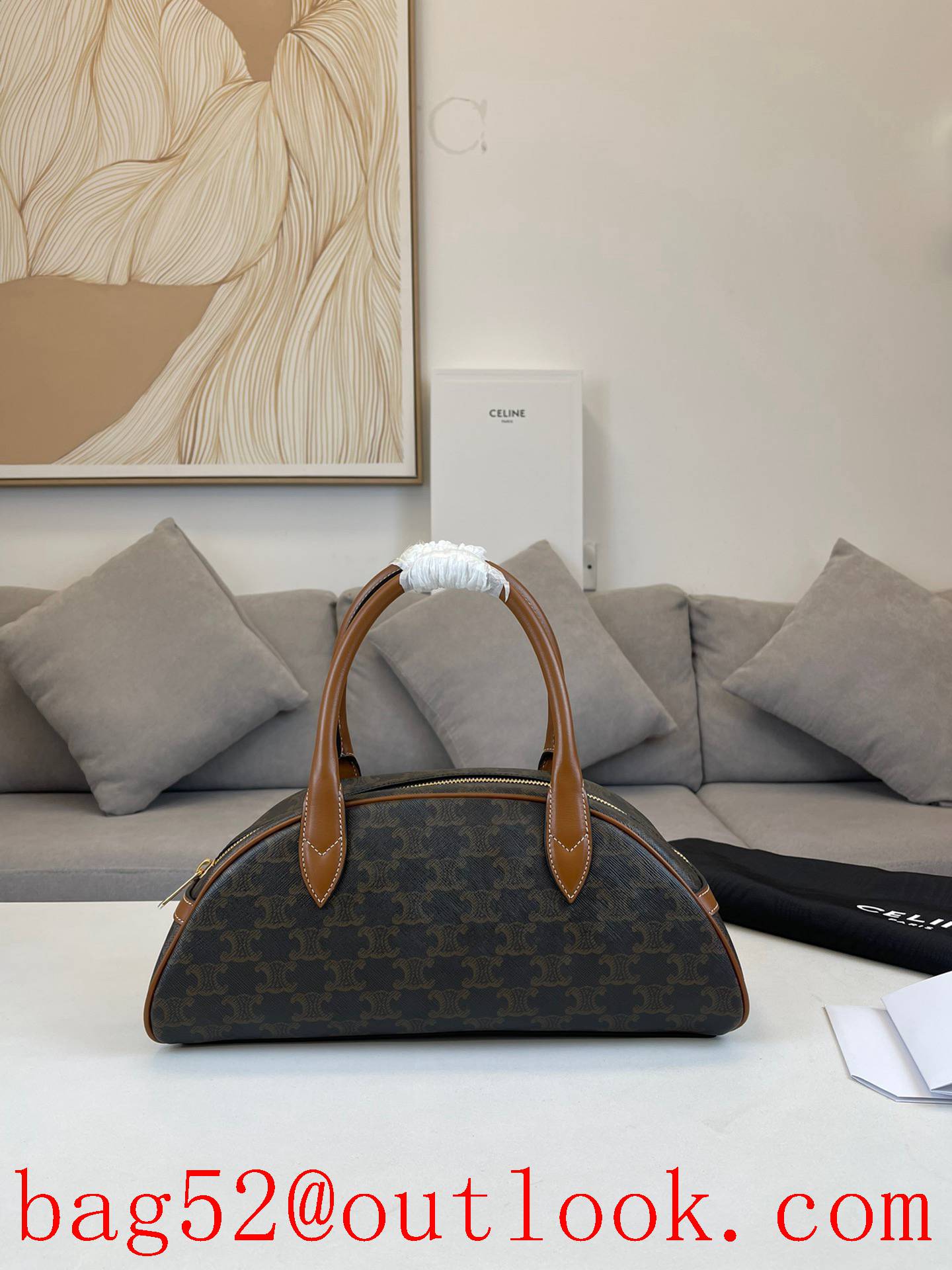 Celine brown Medium Teckel bag calfskin logo print TRIOMPHE CANVAS hand zip tote handbag