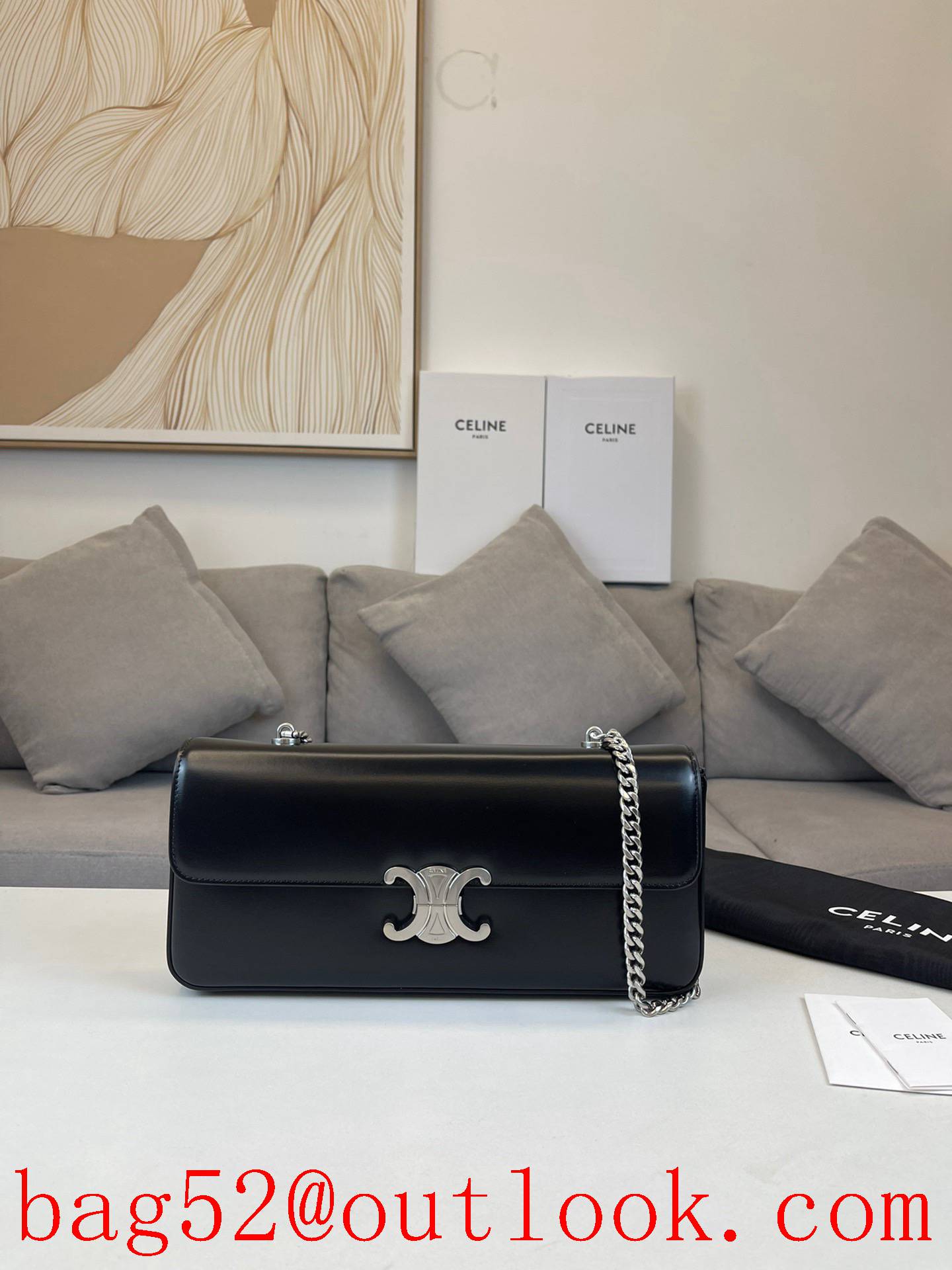 Celine black large Triomphe chain bag glossy calfskin shoulder carry handbag