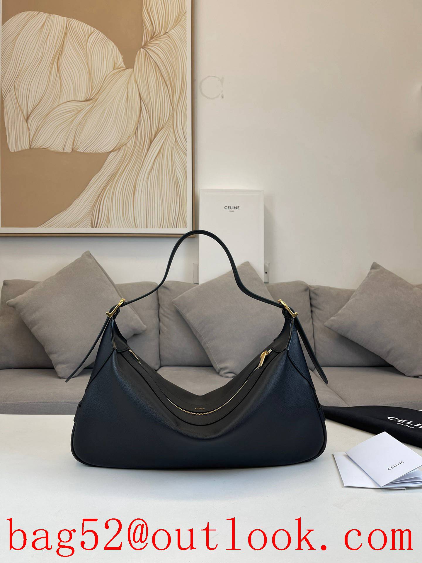 Celine black medium solid color cowhide soft leather lining shoulder handbag