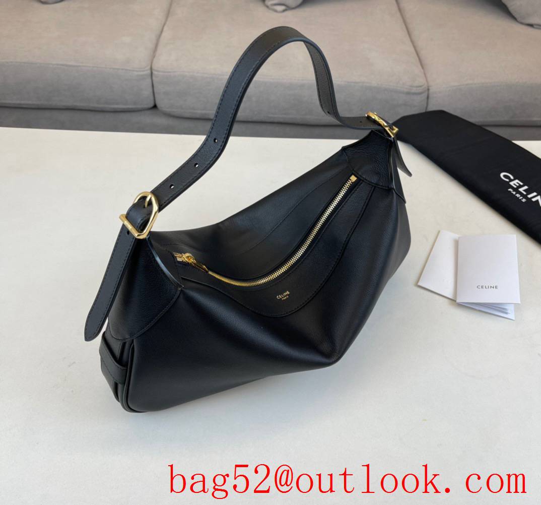 Celine black medium solid color cowhide soft leather lining shoulder handbag