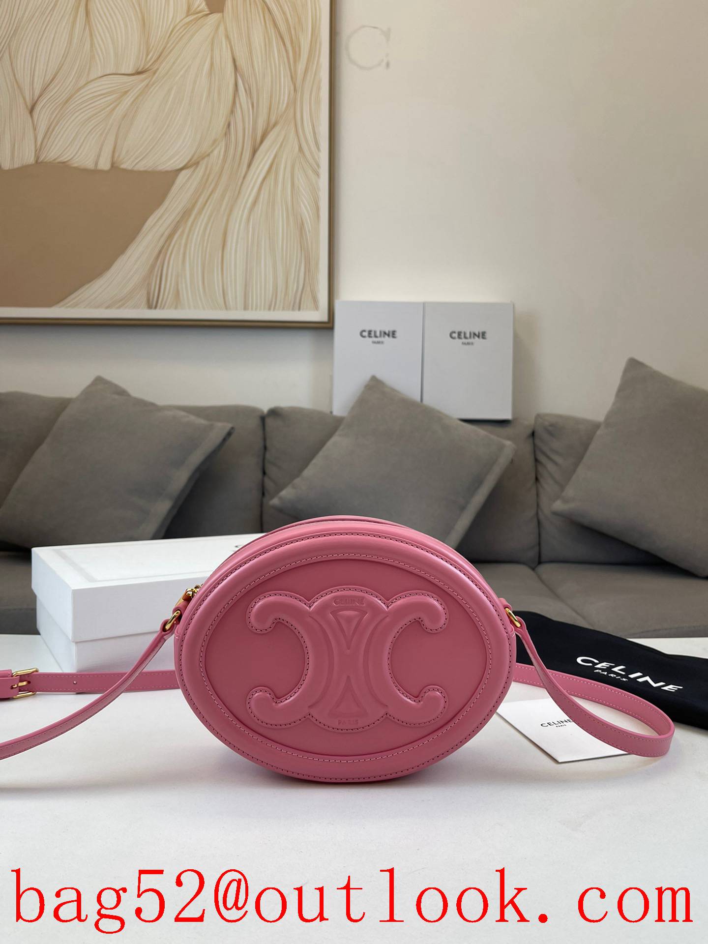 Celine pink oval cuir triomphe smooth calfskin medium phone case shoulder crossbody bag