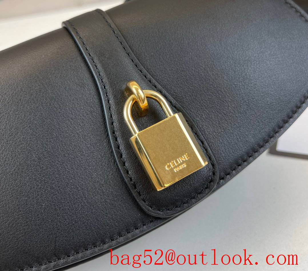 Celine black small metal lock leather shoulder smooth calfskin strap clutch tote big space lady bag