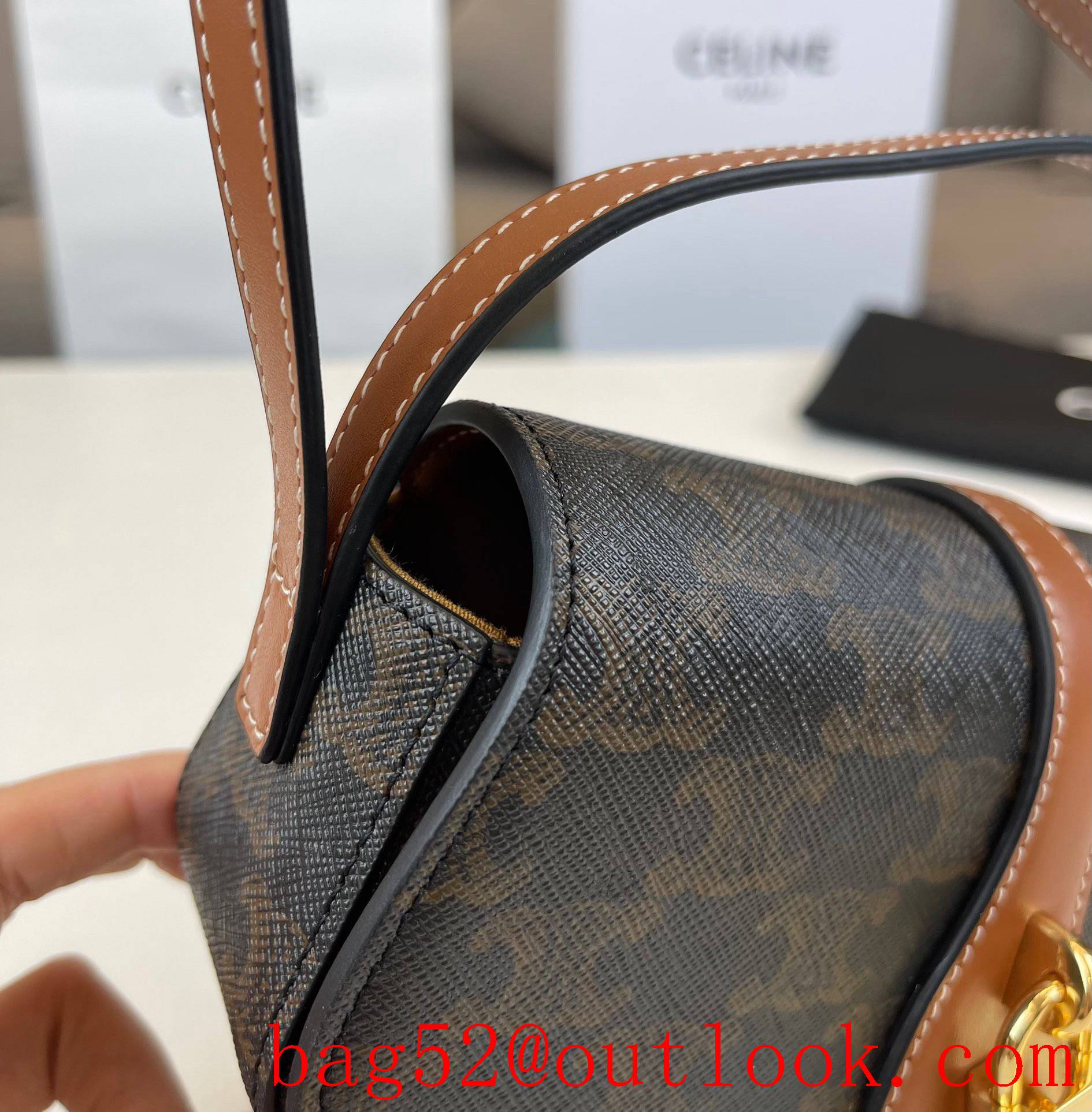 Celine Triomphe Canvas print black small metal lock leather shoulder smooth calfskin strap clutch tote big space lady bag