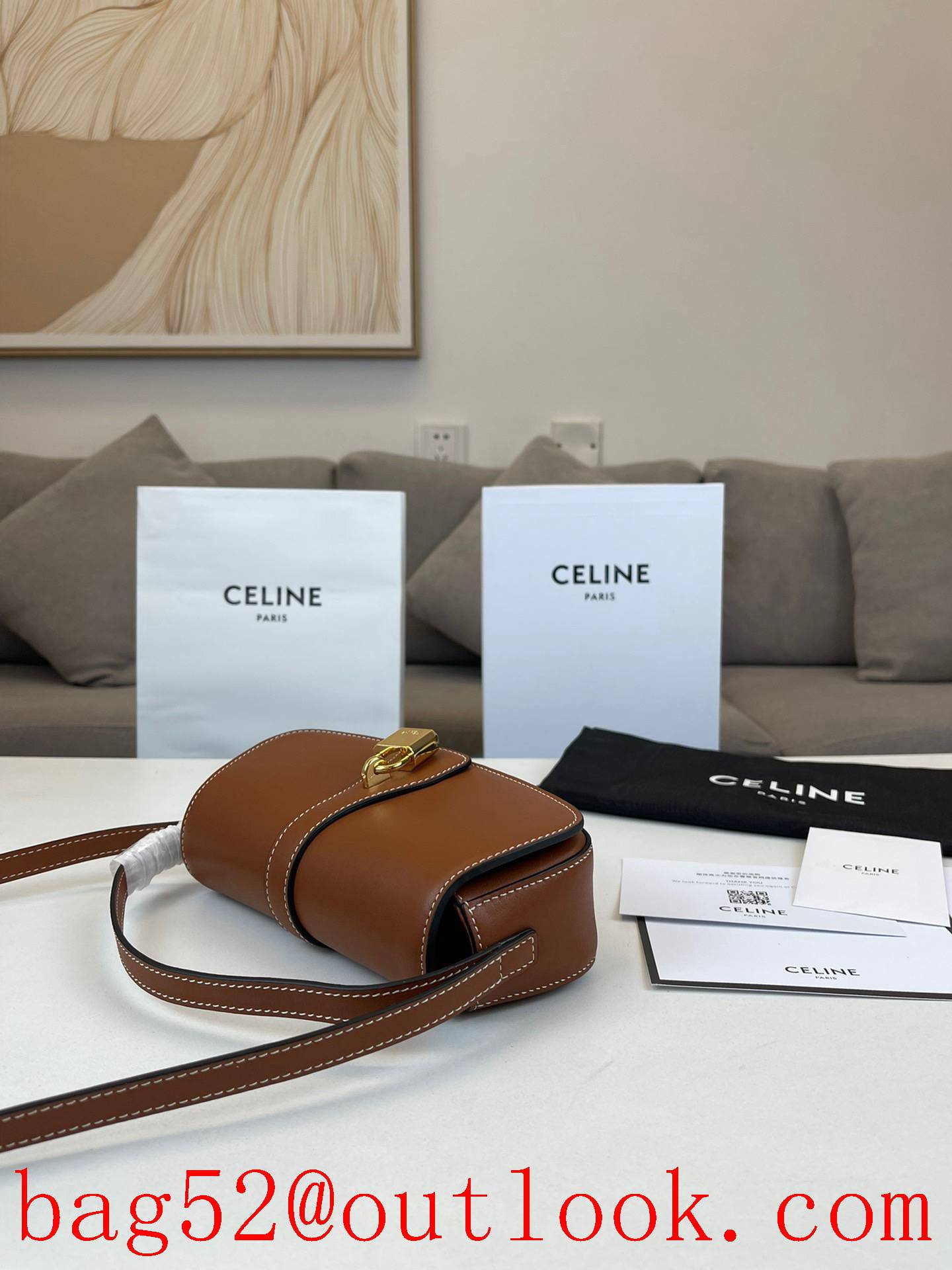 Celine brown medium new smooth calfskin strap clutch handbag