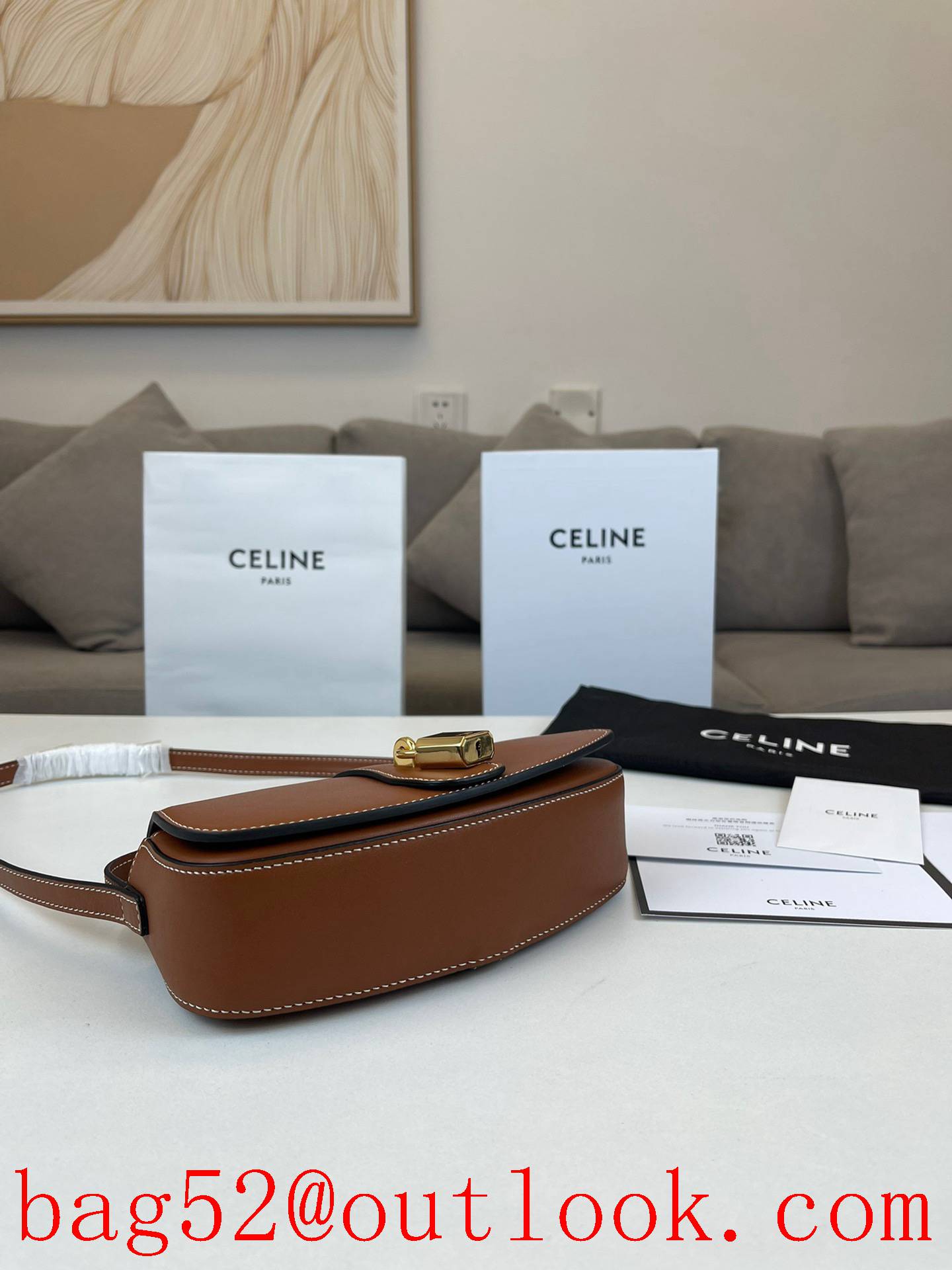 Celine brown medium new smooth calfskin strap clutch handbag