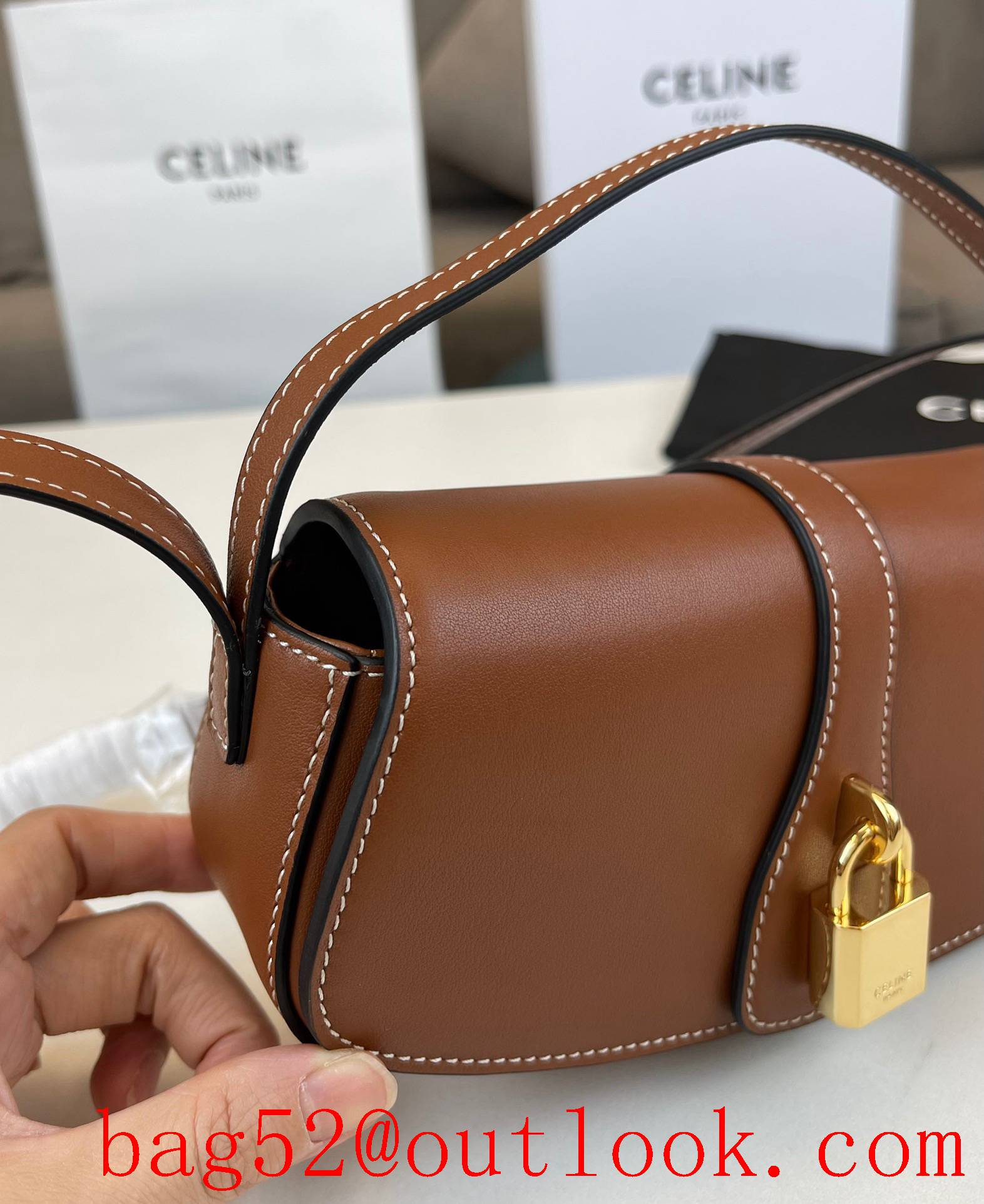 Celine brown medium new smooth calfskin strap clutch handbag