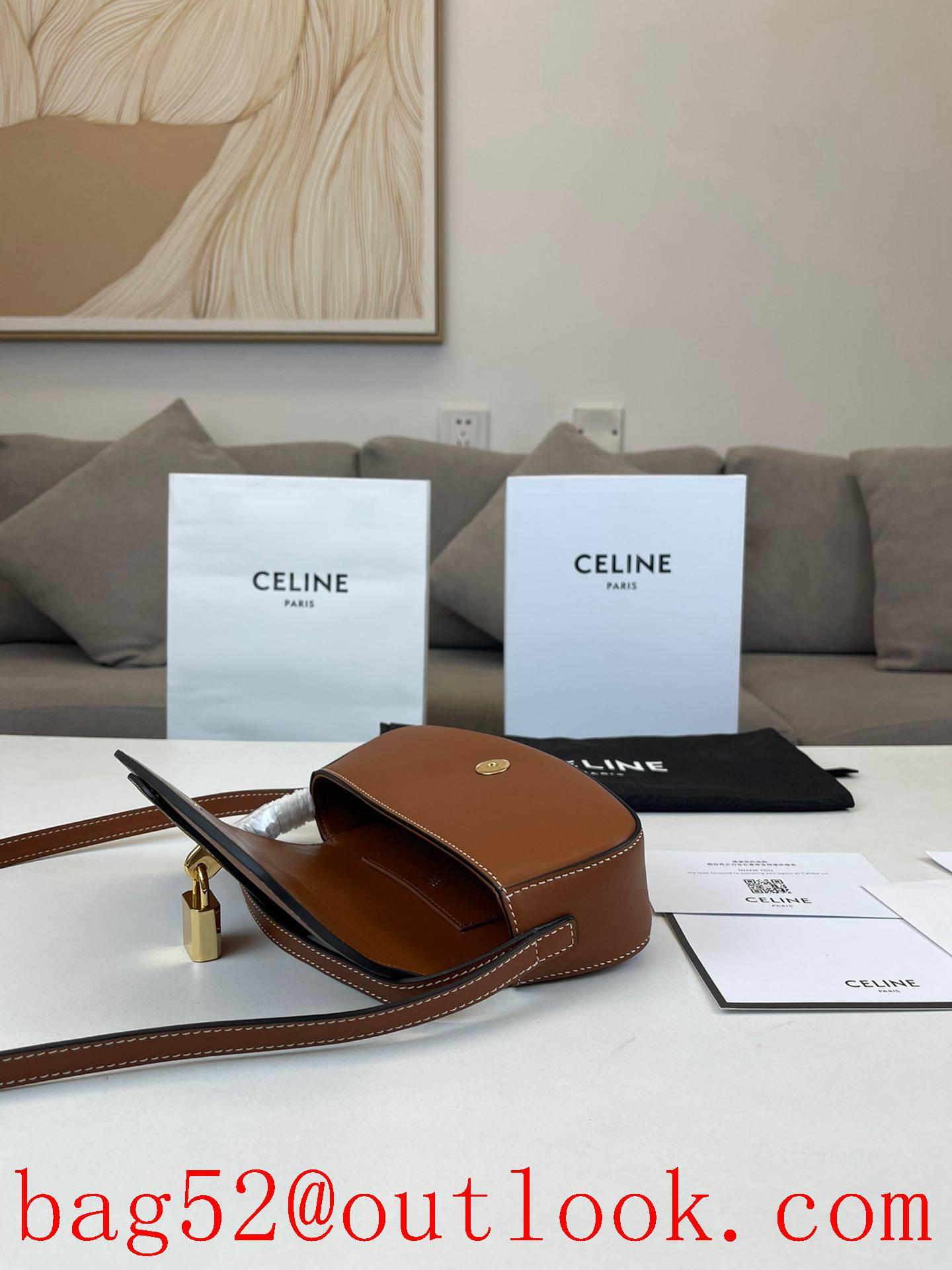 Celine brown medium new smooth calfskin strap clutch handbag